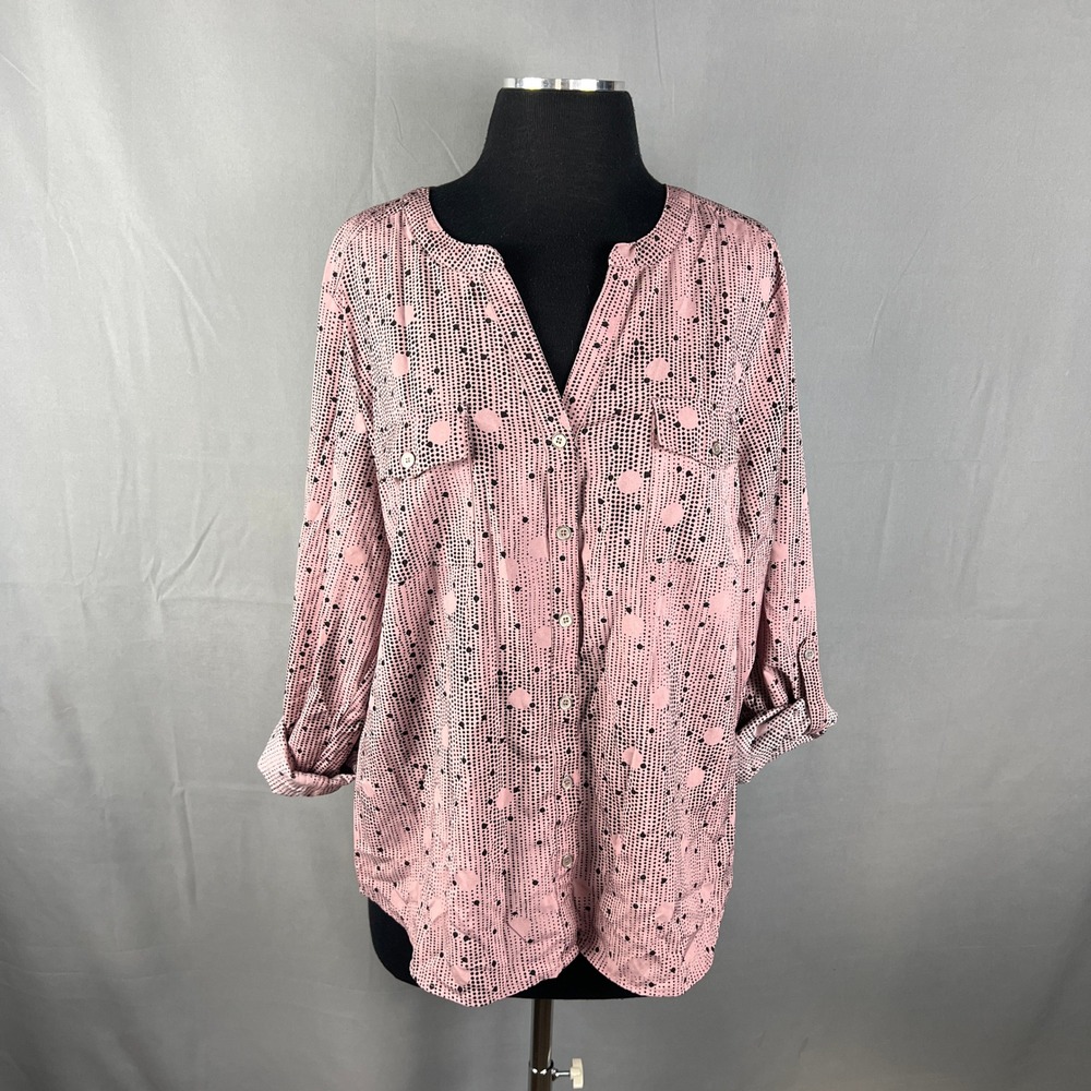 Notations Blouse Top Womens XL Pink Black Polka Dot Stretch Roll Tab Sleeve
